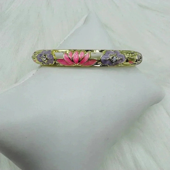 Purple & Pink Flower Enamel Cloisonne Bracelet Bangle - Picture 4 of 8